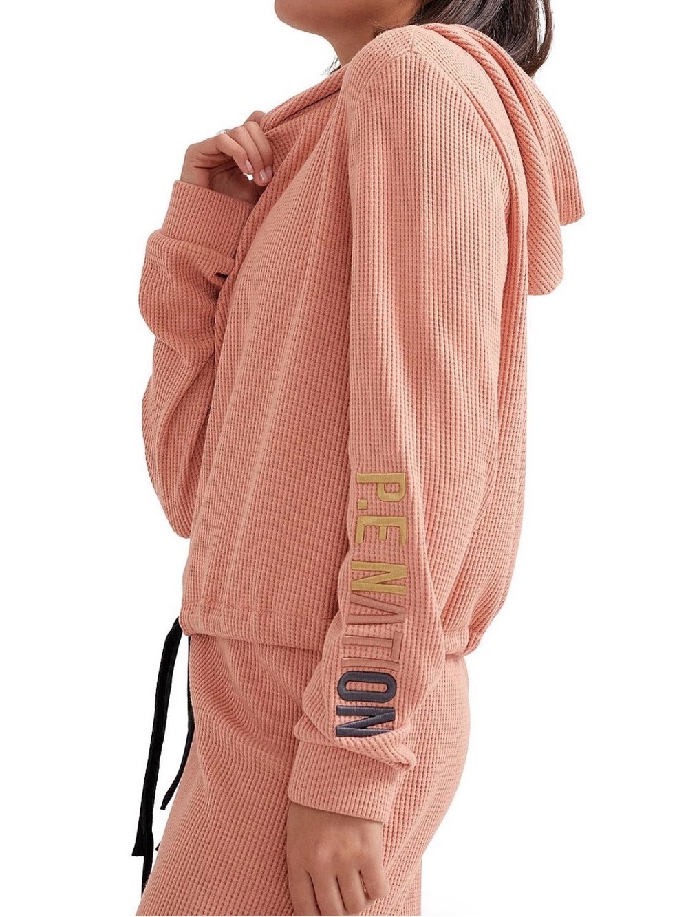 P.E Nation Waffle Knit Hoodie Blush Pink Pullover Logo Sleeve Women’s Small